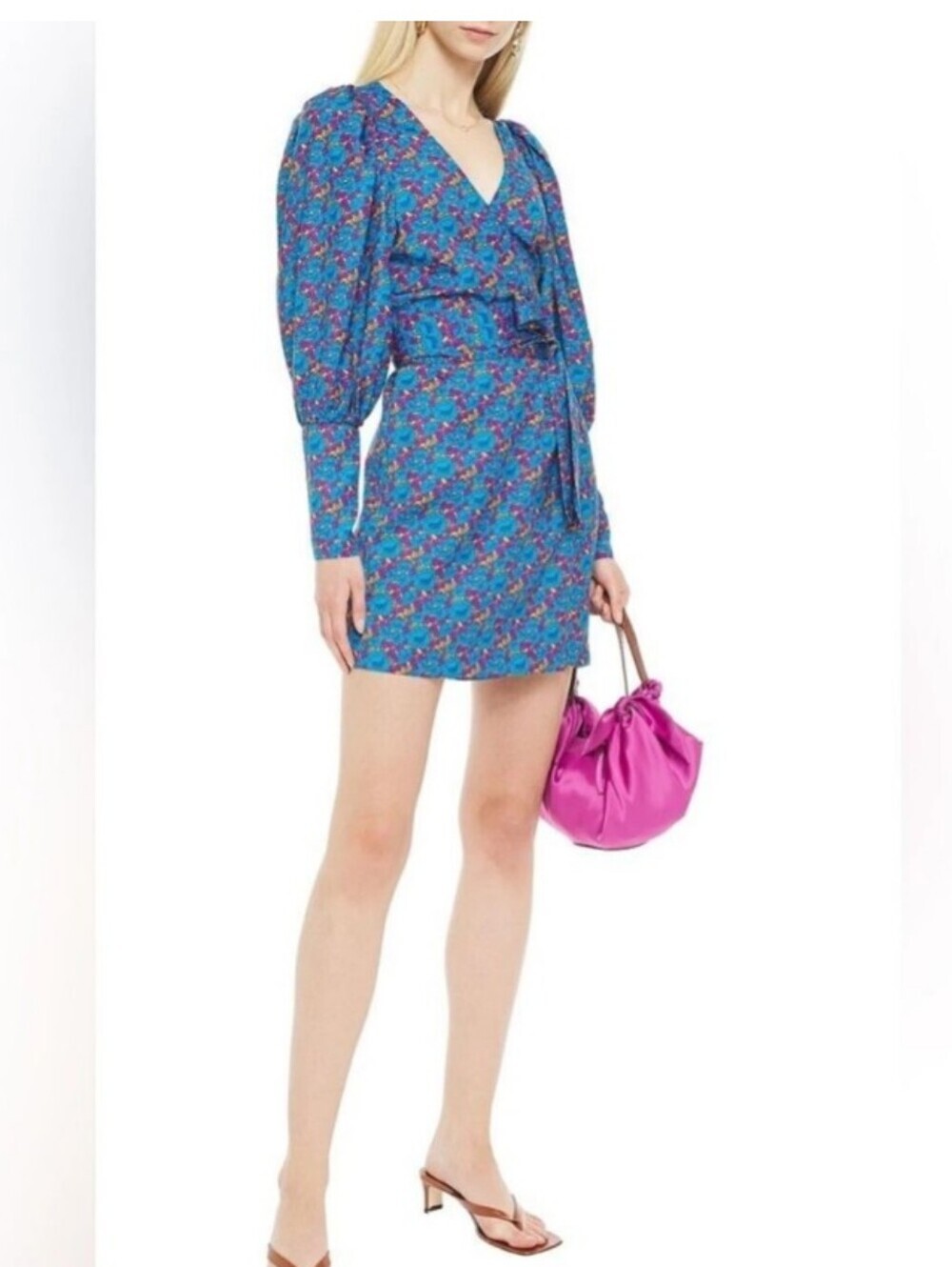 Rhode Resort Frankie Mini Wrap Dress Floral Long-Sleeve Blue XS Party